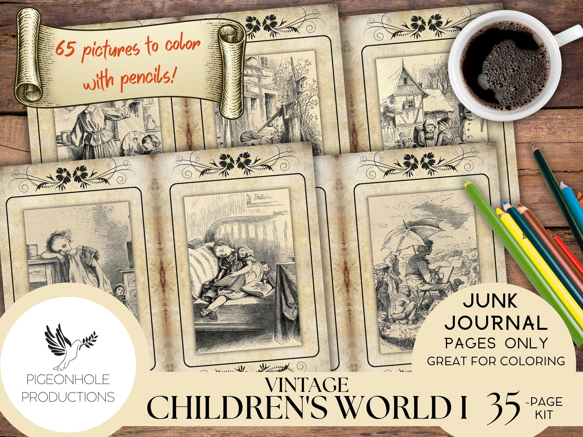Vintage Children's World Junk Journal Coloring Pages, PRINTABLE, sweet old images of children. Great for coloring and journaling!