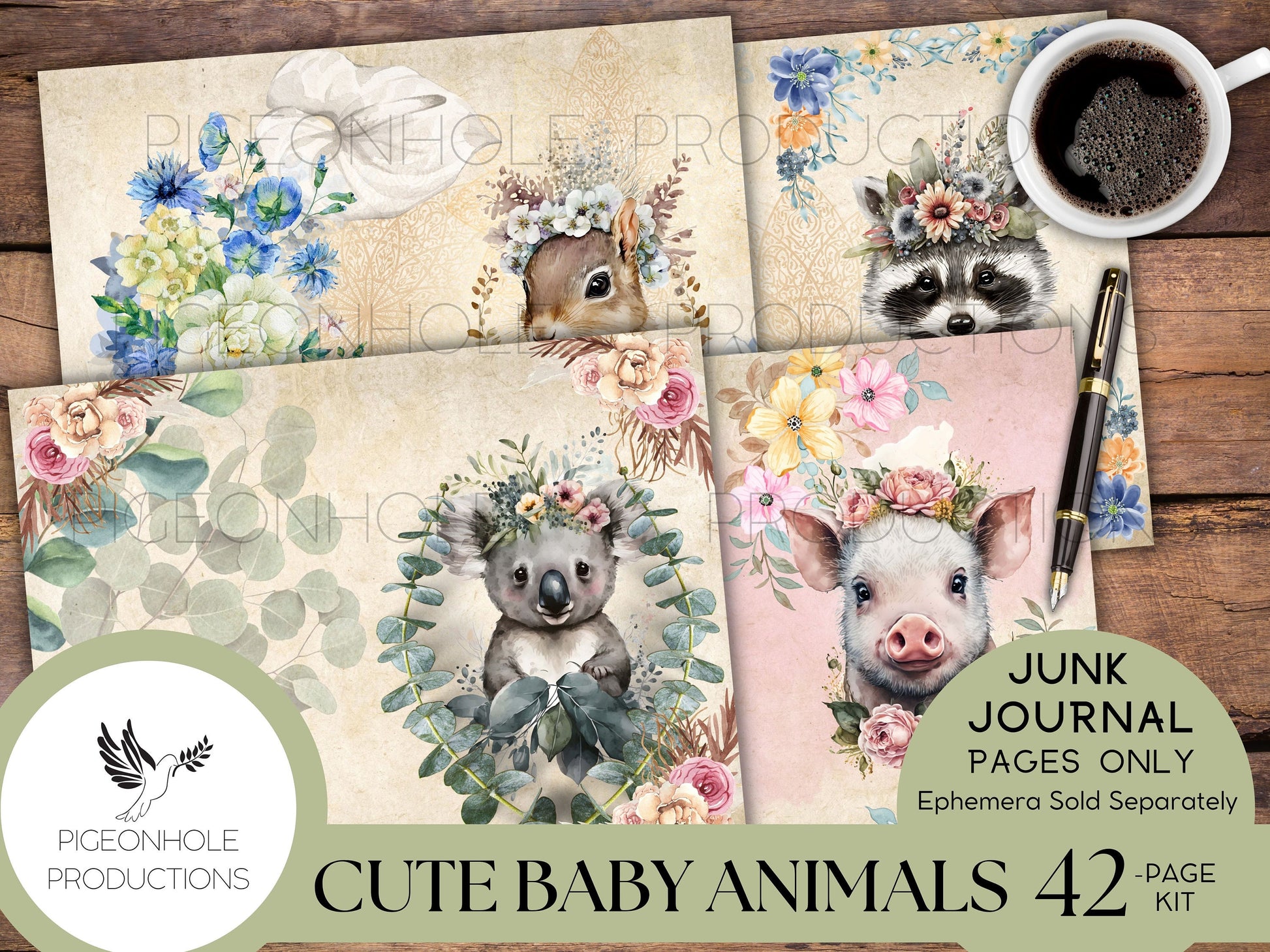 Cute Baby Animals Junk Journal Pages, PRINTABLE, 42 sweet baby animals collage sheets for junk journals, scrapbooks & other paper crafts