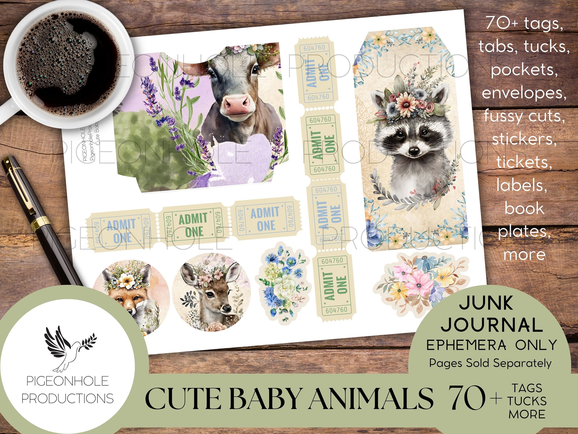 Cute Baby Animals Junk Journal EPHEMERA, PRINTABLE, 70+ tags, tucks, pockets, envelopes, fussy cuts, stickers, tickets, labels, bookplates