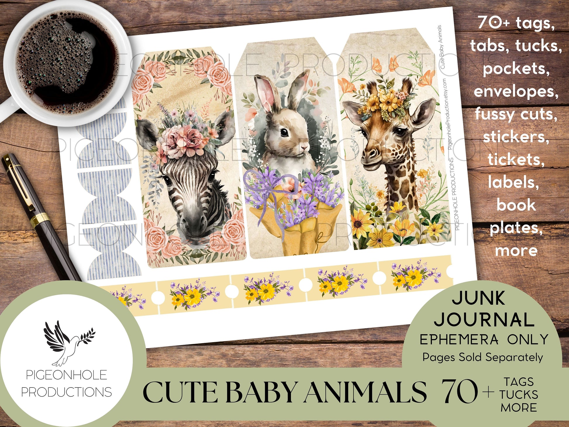 Cute Baby Animals Junk Journal EPHEMERA, PRINTABLE, 70+ tags, tucks, pockets, envelopes, fussy cuts, stickers, tickets, labels, bookplates