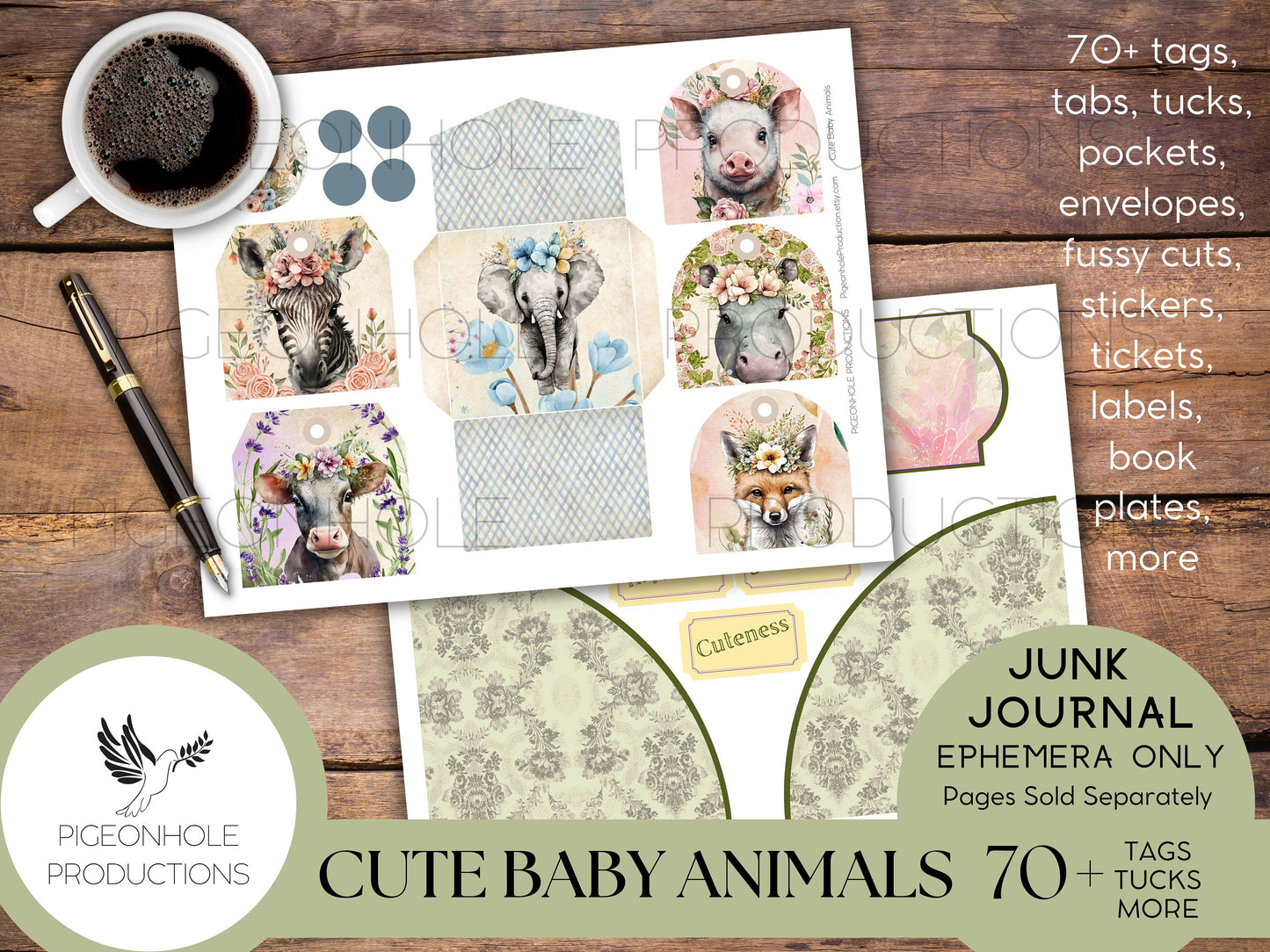 Cute Baby Animals Junk Journal EPHEMERA, PRINTABLE, 70+ tags, tucks, pockets, envelopes, fussy cuts, stickers, tickets, labels, bookplates