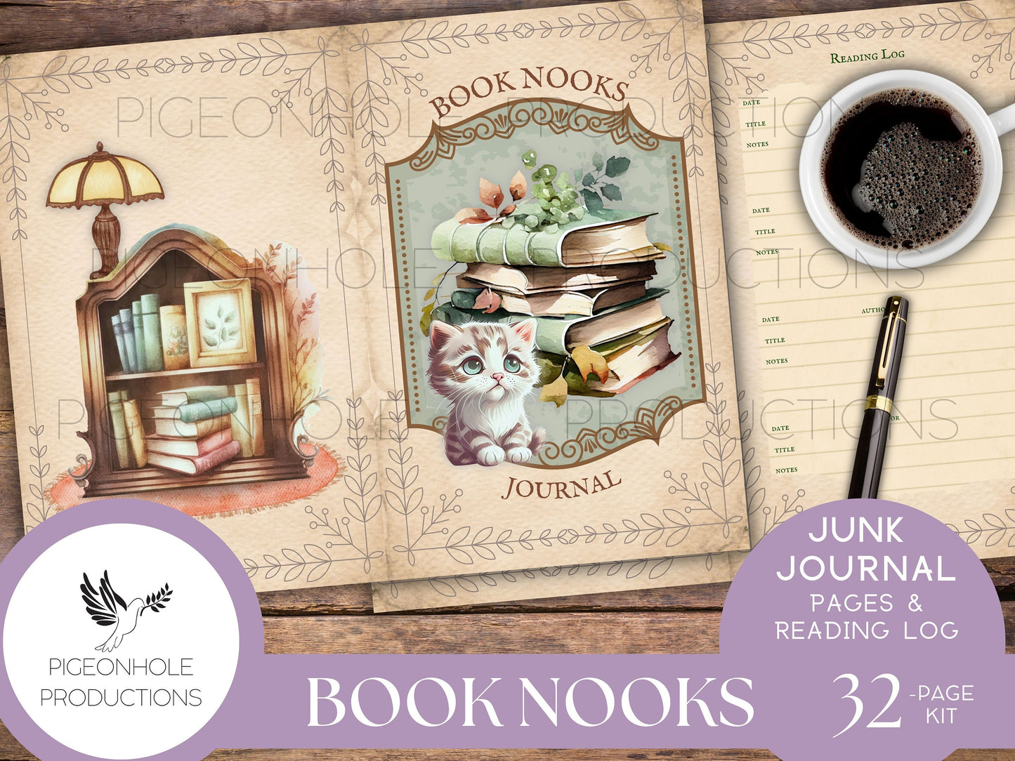 Book Nooks Junk Journal Pages & Reading Log, PRINTABLE, 32 sheets, makes 64 journal pages, enough for 3 signatures, pretty for book lovers!