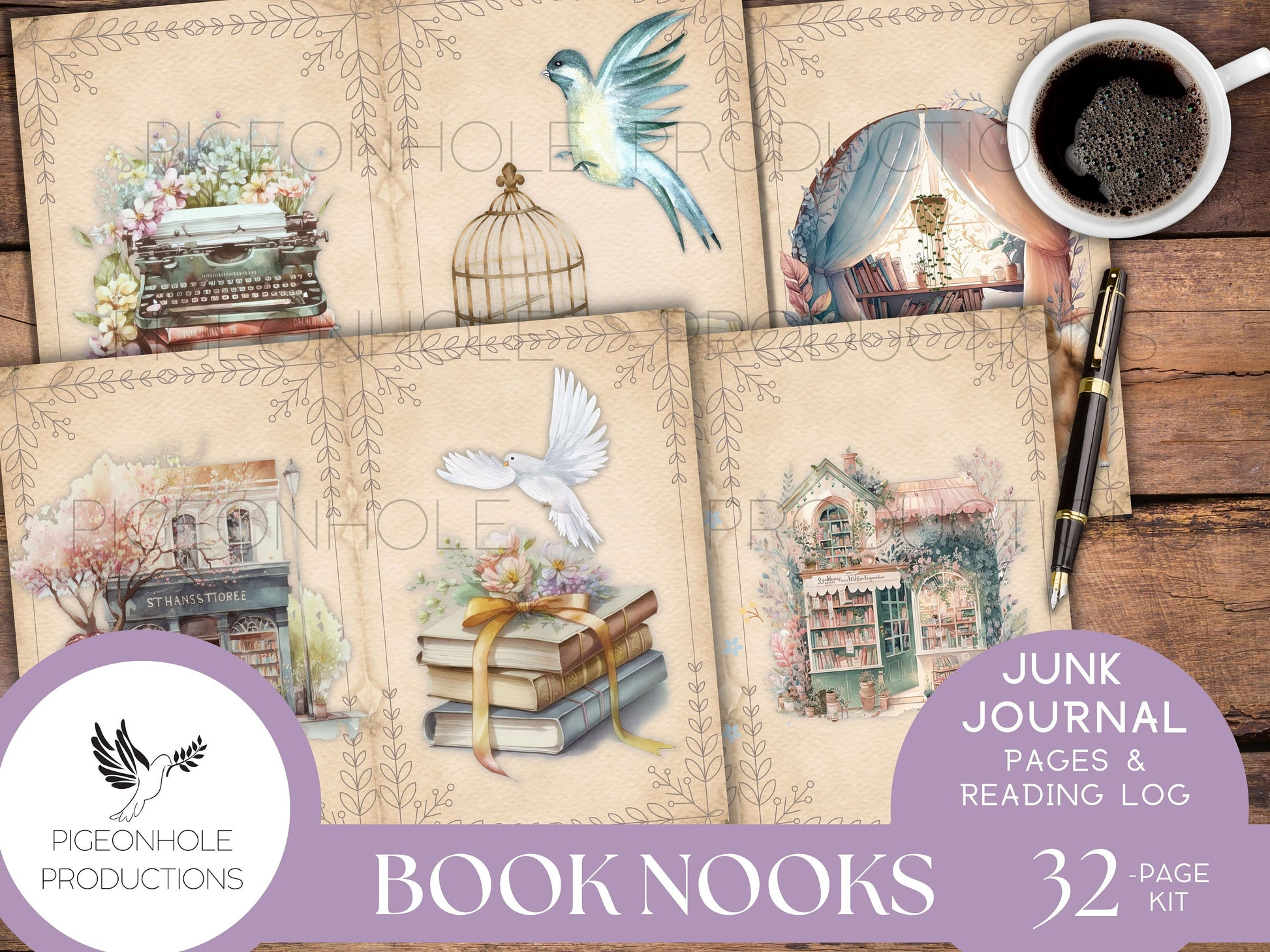 Book Nooks Junk Journal Pages & Reading Log, PRINTABLE, 32 sheets, makes 64 journal pages, enough for 3 signatures, pretty for book lovers!