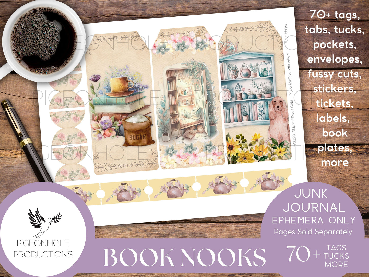 Book Nooks Junk Journal EPHEMERA—PRINTABLE—70+ tags, tucks, pockets, envelopes, fussy cuts, stickers, tickets, labels, bookplates—cozy!!