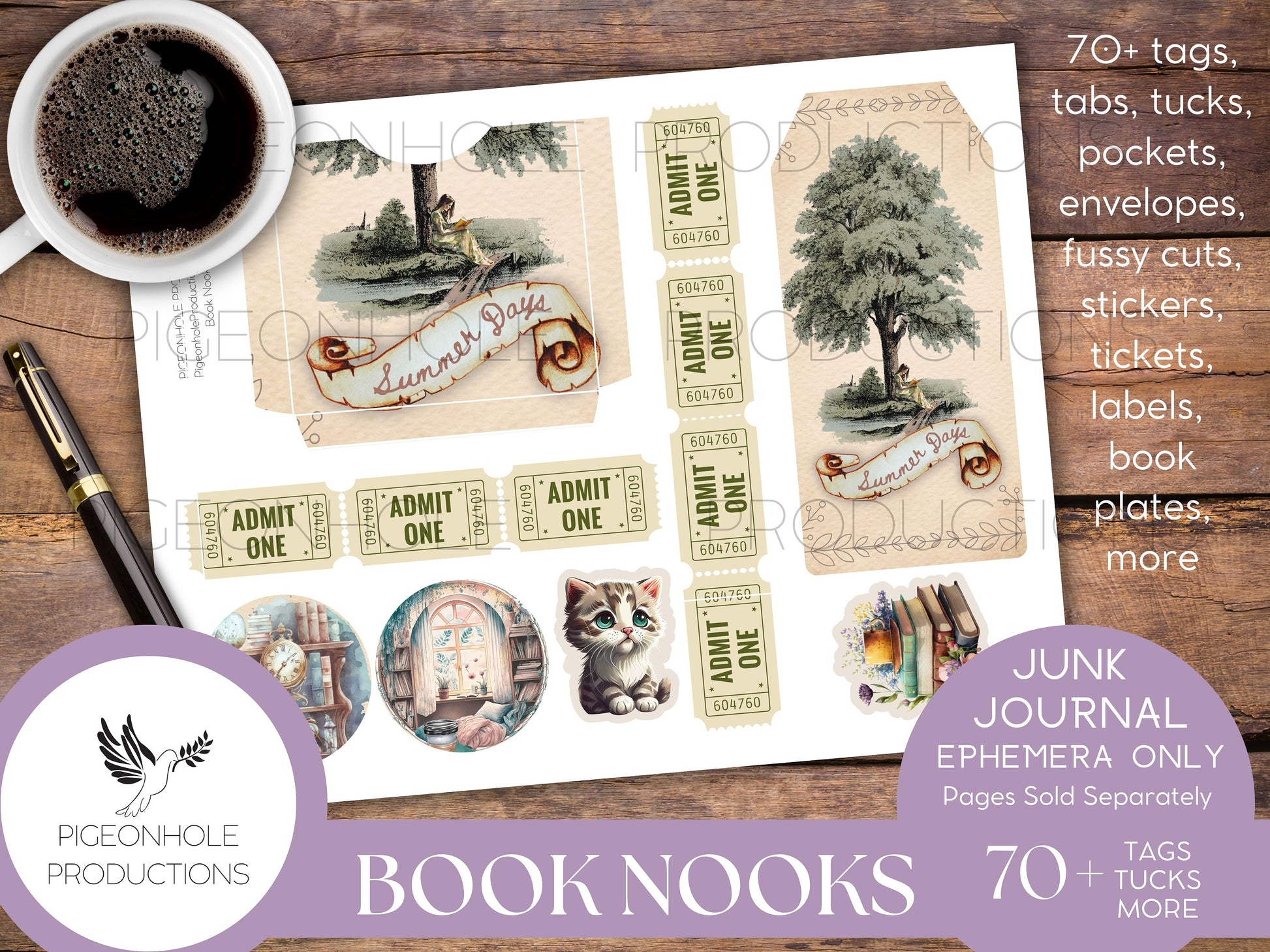 Book Nooks Junk Journal EPHEMERA—PRINTABLE—70+ tags, tucks, pockets, envelopes, fussy cuts, stickers, tickets, labels, bookplates—cozy!!