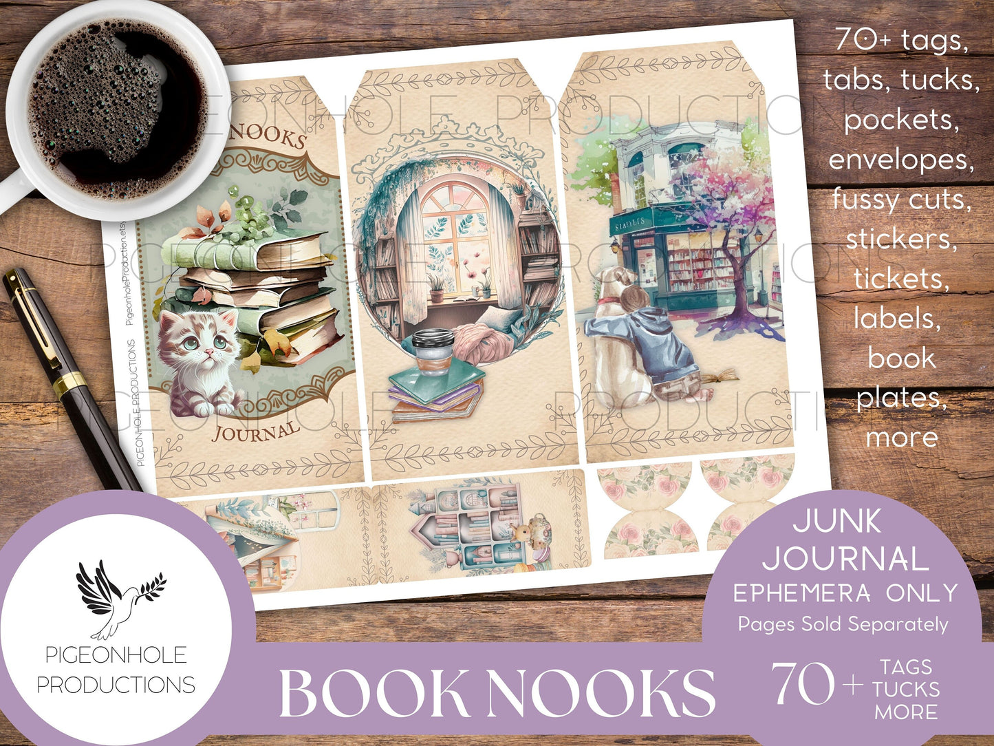 Book Nooks Junk Journal EPHEMERA—PRINTABLE—70+ tags, tucks, pockets, envelopes, fussy cuts, stickers, tickets, labels, bookplates—cozy!!