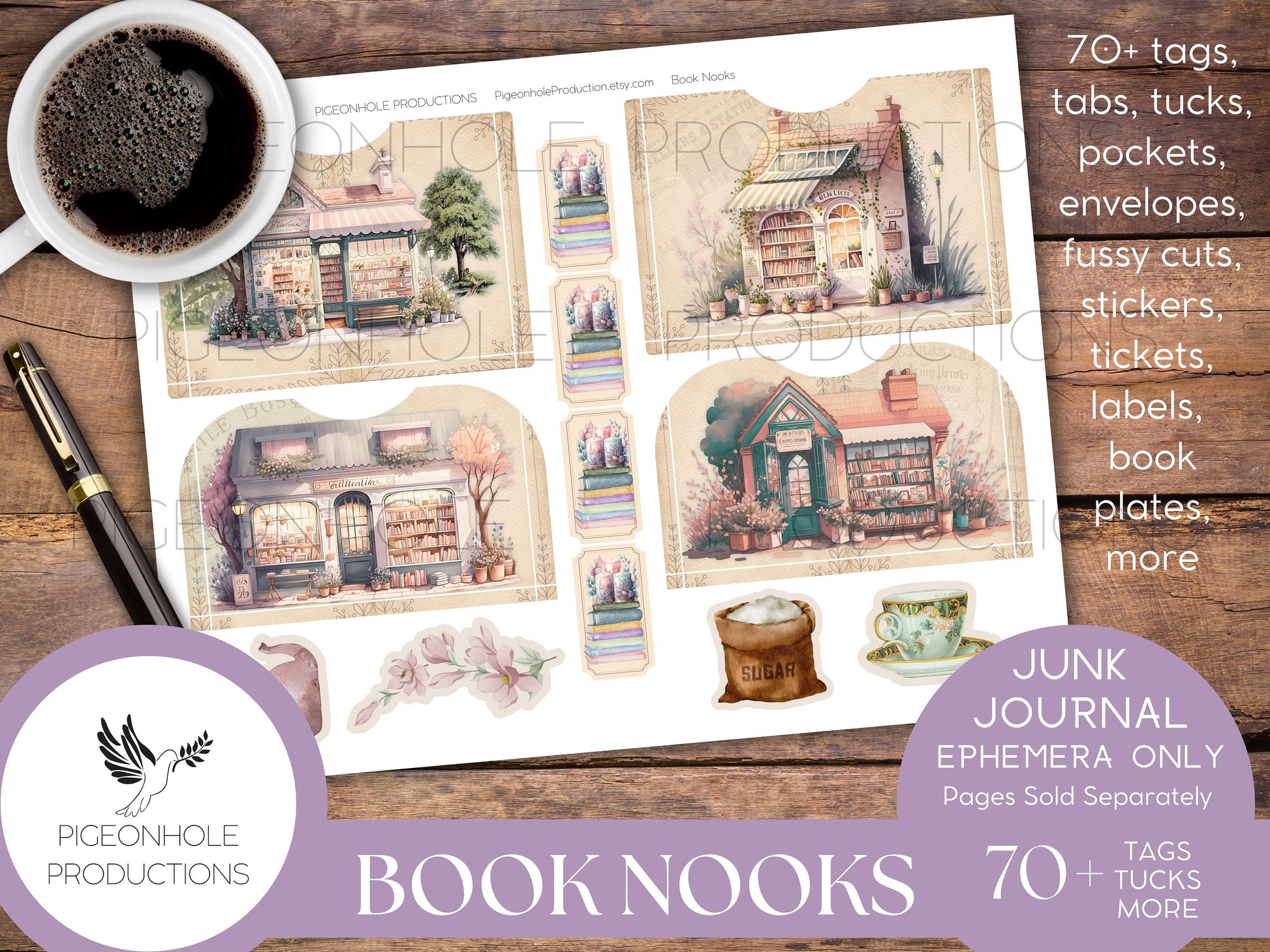 Book Nooks Junk Journal EPHEMERA—PRINTABLE—70+ tags, tucks, pockets, envelopes, fussy cuts, stickers, tickets, labels, bookplates—cozy!!