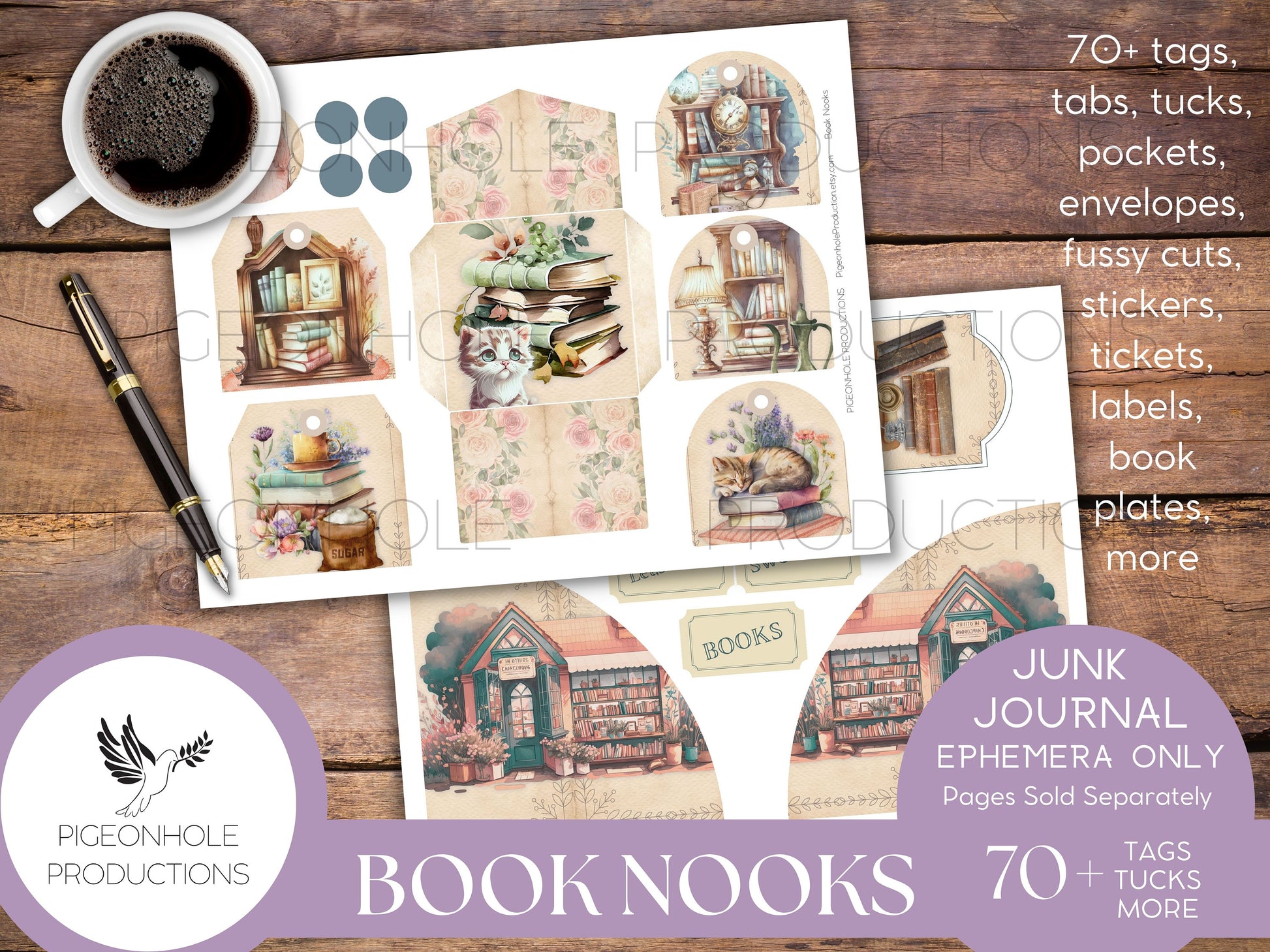 Book Nooks Junk Journal EPHEMERA—PRINTABLE—70+ tags, tucks, pockets, envelopes, fussy cuts, stickers, tickets, labels, bookplates—cozy!!