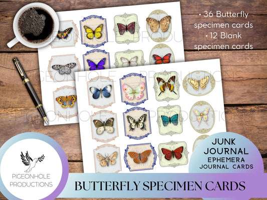 Butterfly Specimen Journal Cards, PRINTABLE, 36 unique butterfly cards and 12 blank cards, great for junk journals, card making, papercrafts