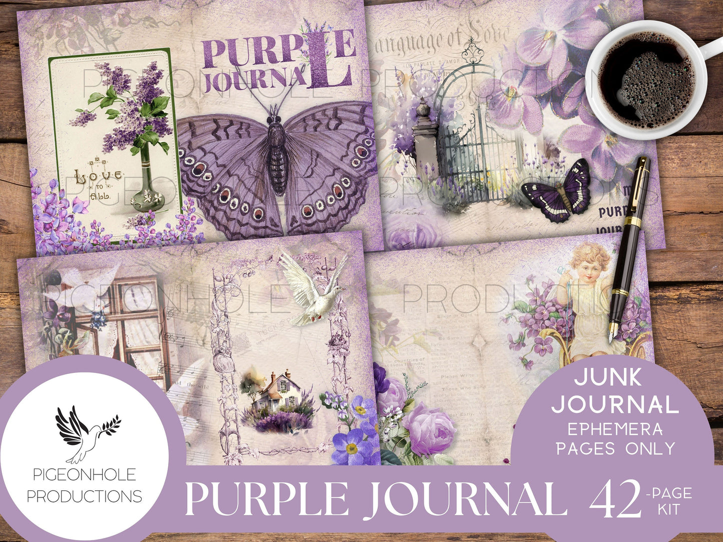 Purple Junk Journal Pages, PRINTABLE, 42 decorative, background, backing and lined journal sheets in lavender, lilac, purple & violet SHABBY