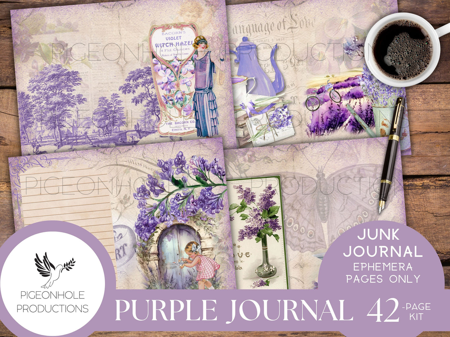 Purple Junk Journal Pages, PRINTABLE, 42 decorative, background, backing and lined journal sheets in lavender, lilac, purple & violet SHABBY