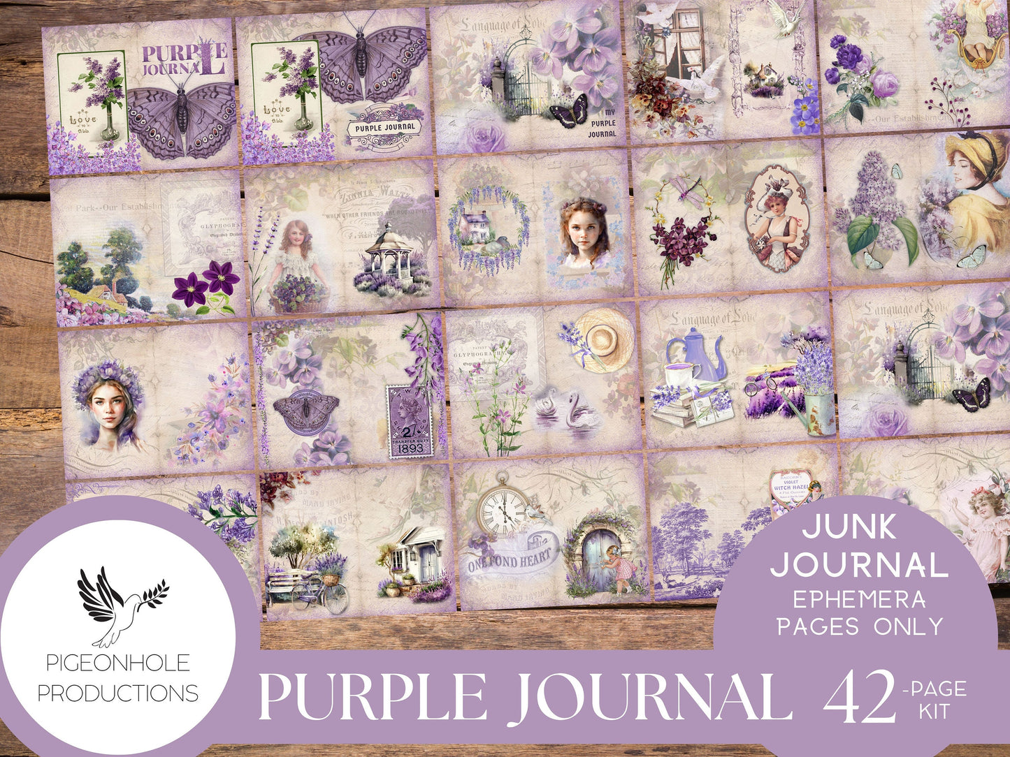 Purple Junk Journal Pages, PRINTABLE, 42 decorative, background, backing and lined journal sheets in lavender, lilac, purple & violet SHABBY