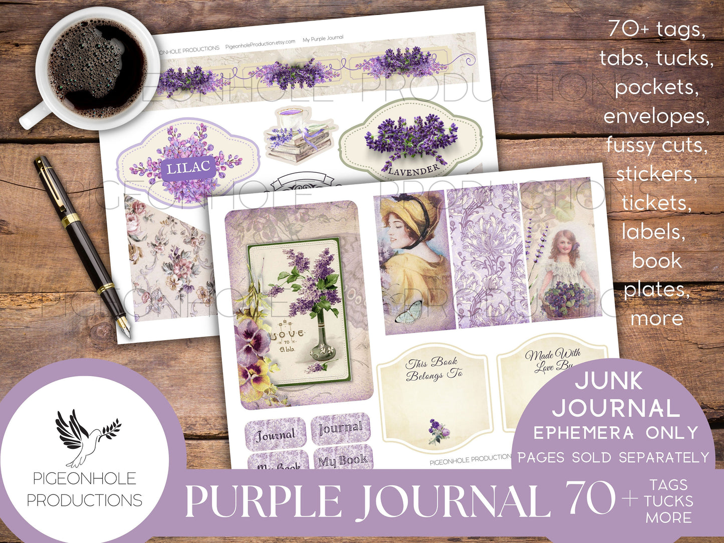 Purple Junk Journal EPHEMERA, PRINTABLE, 70+ tags, tucks, pockets, envelopes, fussy cuts, stickers, tickets, labels, bookplates, SHABBY