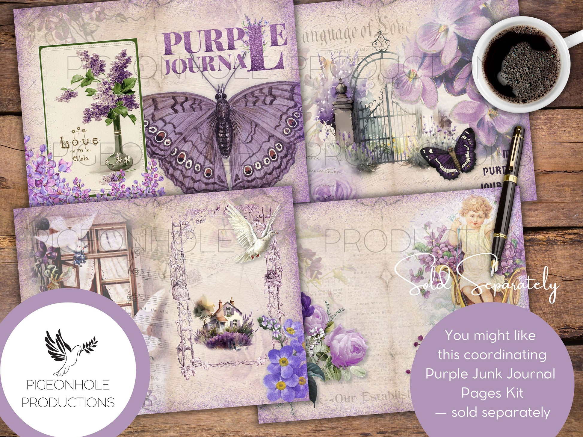 Purple Junk Journal EPHEMERA, PRINTABLE, 70+ tags, tucks, pockets, envelopes, fussy cuts, stickers, tickets, labels, bookplates, SHABBY