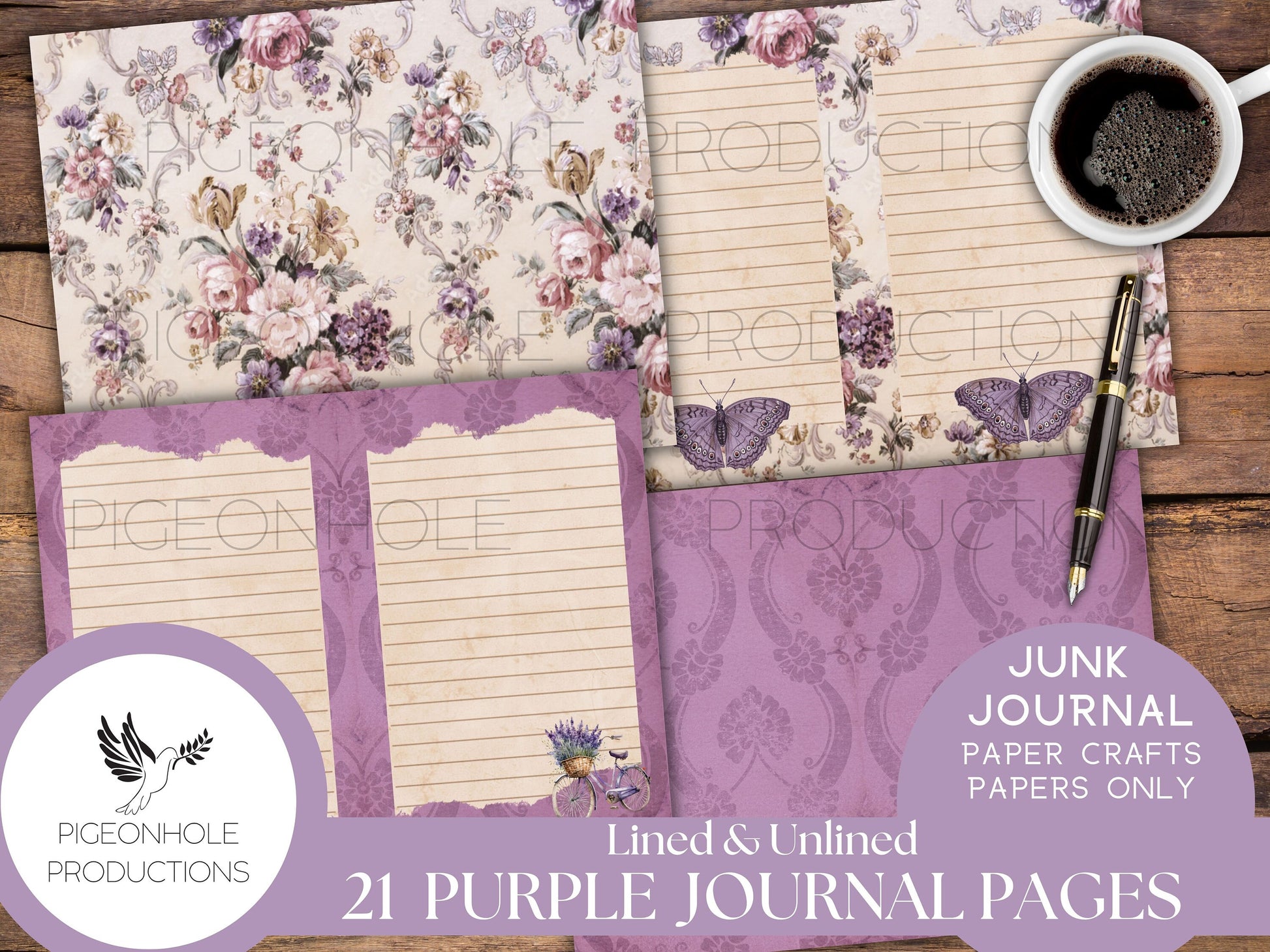 Purple Junk Journal Lined & Unlined Papers, PRINTABLE, 21 sheets, pretty pastels for junk journals, scrapbooking, paper crafting, 8.5 x 11
