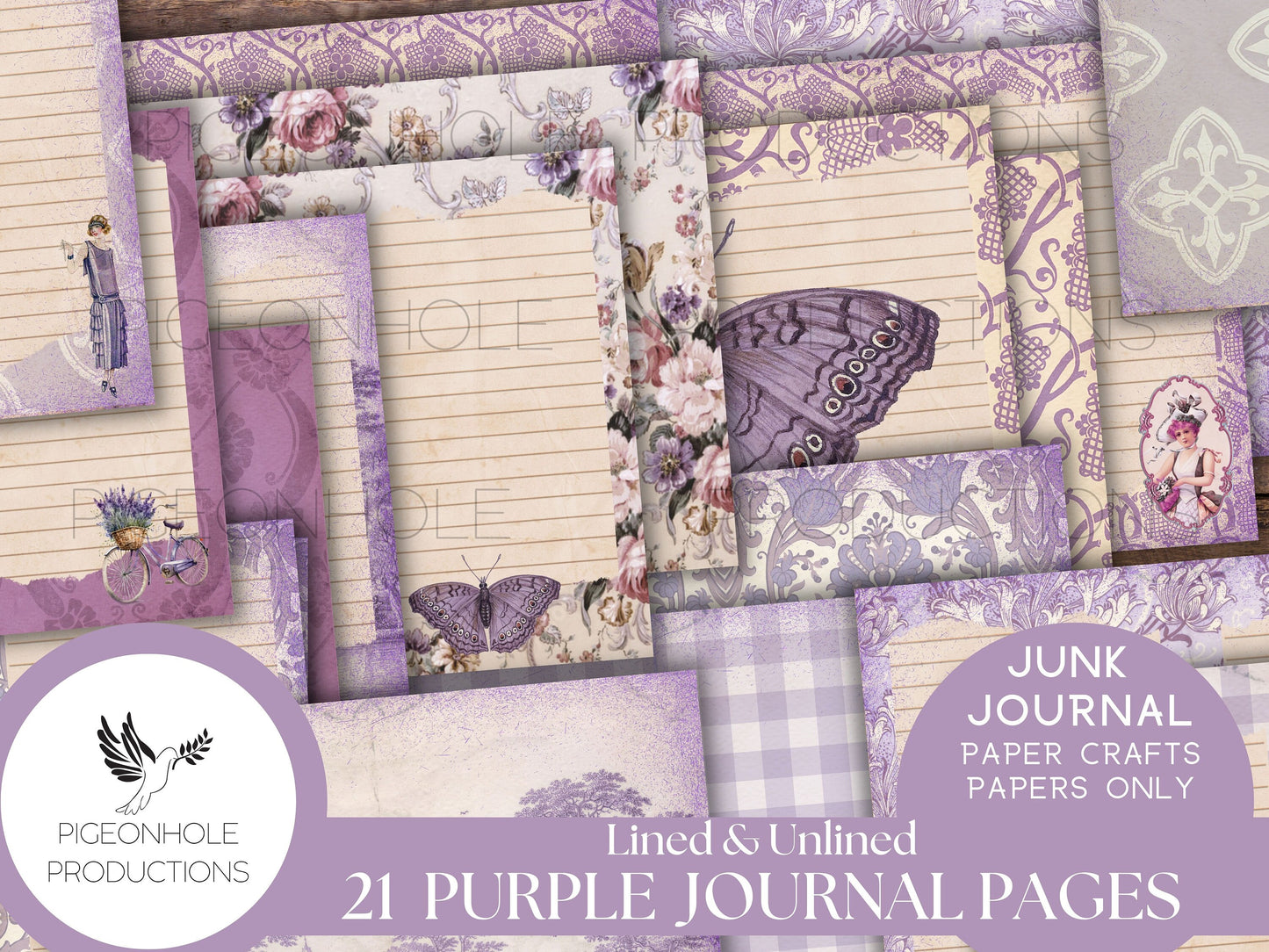 Purple Junk Journal Lined & Unlined Papers, PRINTABLE, 21 sheets, pretty pastels for junk journals, scrapbooking, paper crafting, 8.5 x 11