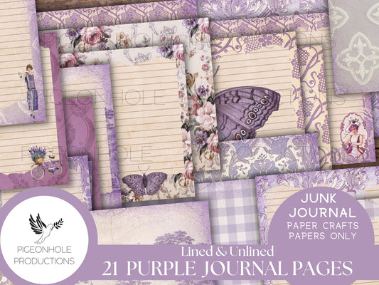 Purple Junk Journal Lined & Unlined Papers, PRINTABLE, 21 sheets, pretty pastels for junk journals, scrapbooking, paper crafting, 8.5 x 11