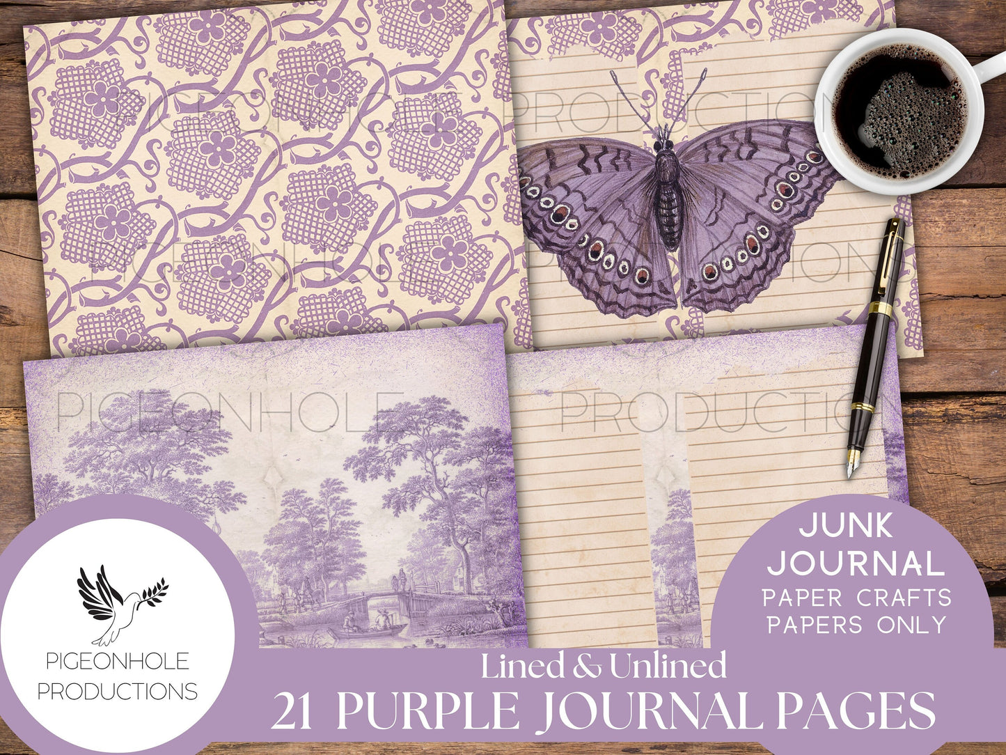 Purple Junk Journal Lined & Unlined Papers, PRINTABLE, 21 sheets, pretty pastels for junk journals, scrapbooking, paper crafting, 8.5 x 11