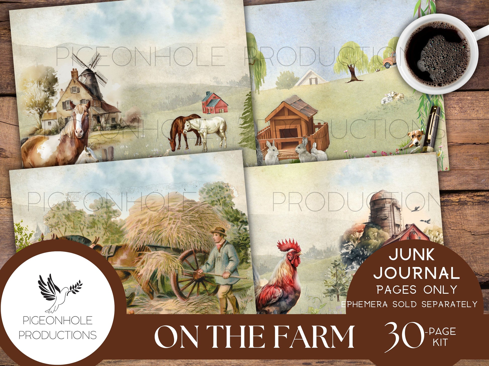 On the Farm Junk Journal Pages Only Kit, PRINTABLE, 30 sheets of journal, lined and unlined sheets, makes 60 journal pages, beautiful!