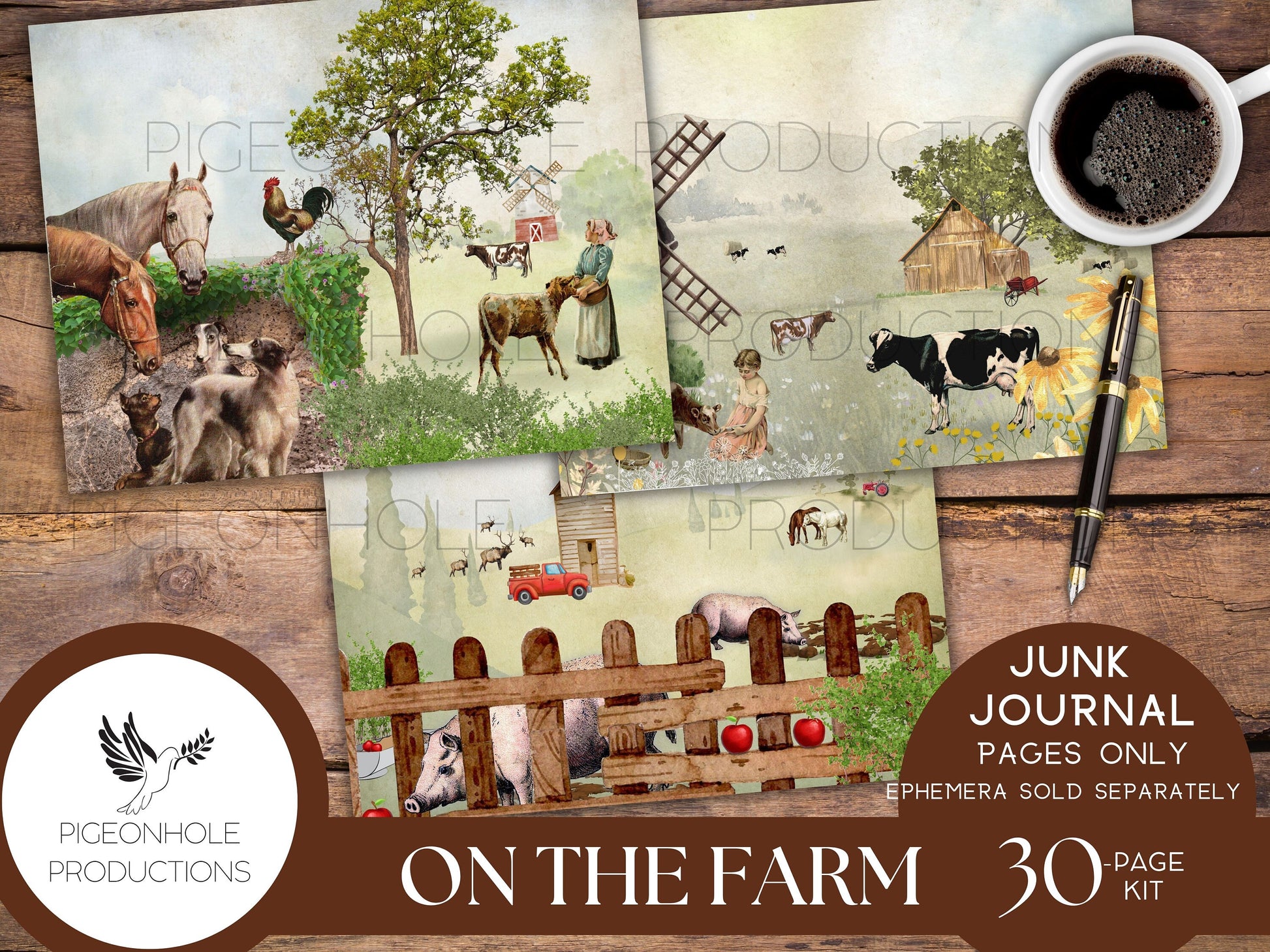 On the Farm Junk Journal Pages Only Kit, PRINTABLE, 30 sheets of journal, lined and unlined sheets, makes 60 journal pages, beautiful!