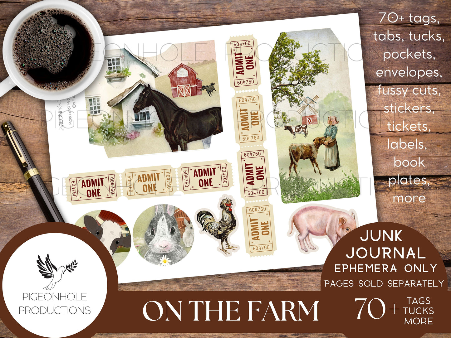 On the Farm Junk Journal EPHEMERA, PRINTABLE, 70+ tags, tucks, pockets, envelopes, fussy cuts, stickers, tickets, labels, bookplates