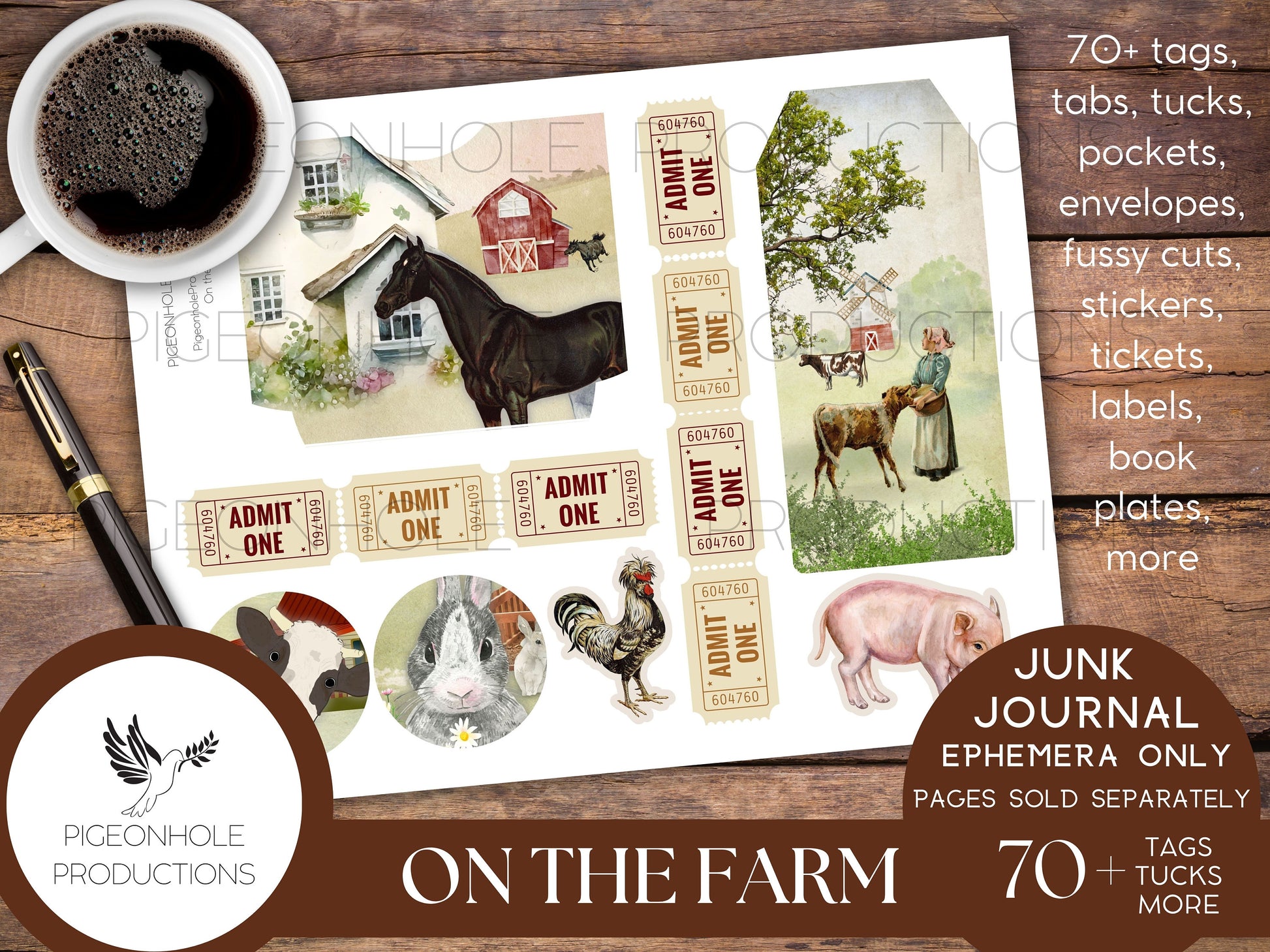 On the Farm Junk Journal EPHEMERA, PRINTABLE, 70+ tags, tucks, pockets, envelopes, fussy cuts, stickers, tickets, labels, bookplates
