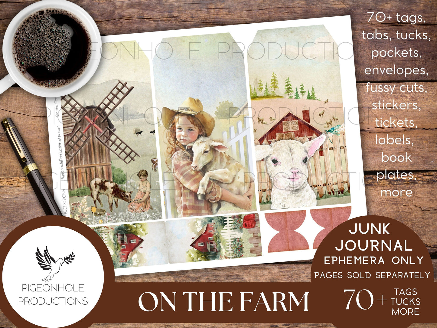 On the Farm Junk Journal EPHEMERA, PRINTABLE, 70+ tags, tucks, pockets, envelopes, fussy cuts, stickers, tickets, labels, bookplates