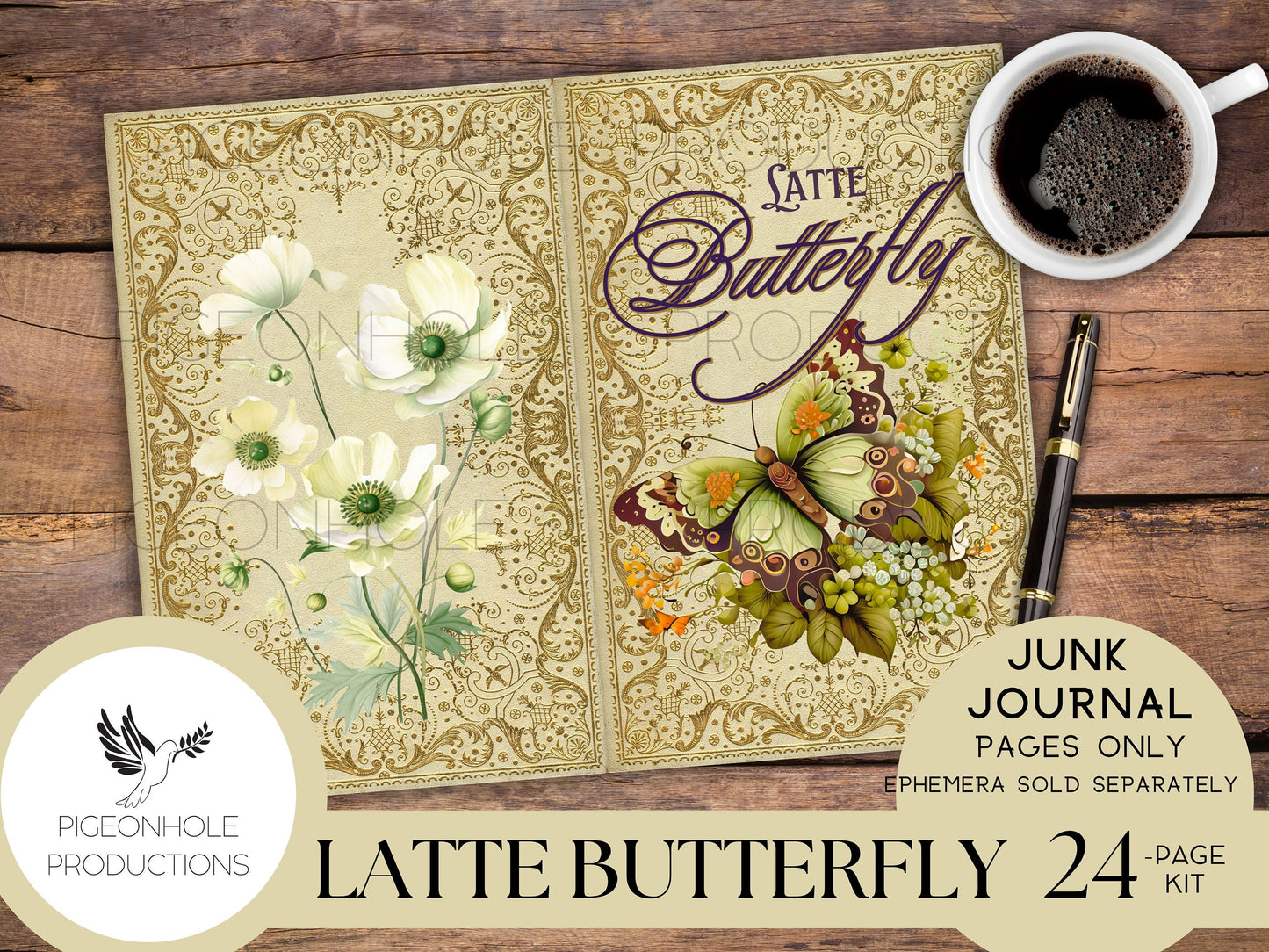 Latte Butterfly Junk Journal Pages Only Kit, PRINTABLE, 24 collage, lined and unlined sheets, gorgeous butterflies and flowers for crafting!