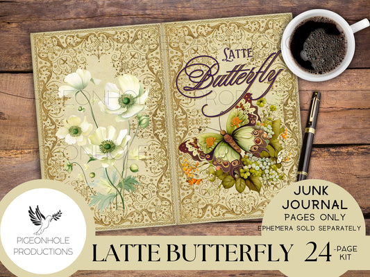 Latte Butterfly Junk Journal Pages Only Kit, PRINTABLE, 24 collage, lined and unlined sheets, gorgeous butterflies and flowers for crafting!