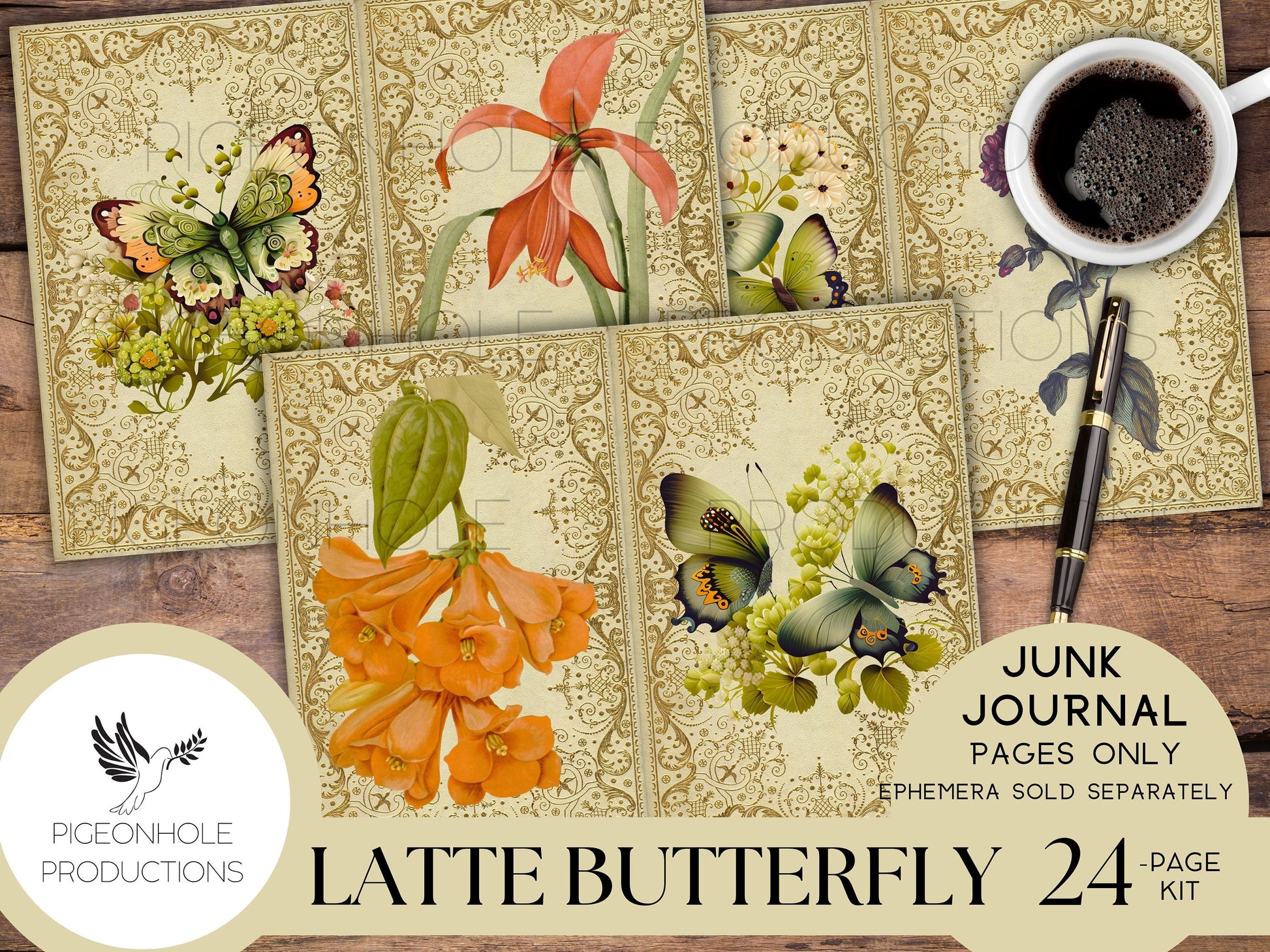 Latte Butterfly Junk Journal Pages Only Kit, PRINTABLE, 24 collage, lined and unlined sheets, gorgeous butterflies and flowers for crafting!