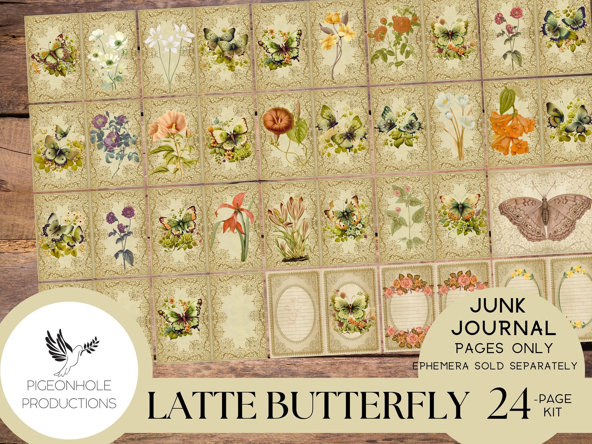 Latte Butterfly Junk Journal Pages Only Kit, PRINTABLE, 24 collage, lined and unlined sheets, gorgeous butterflies and flowers for crafting!