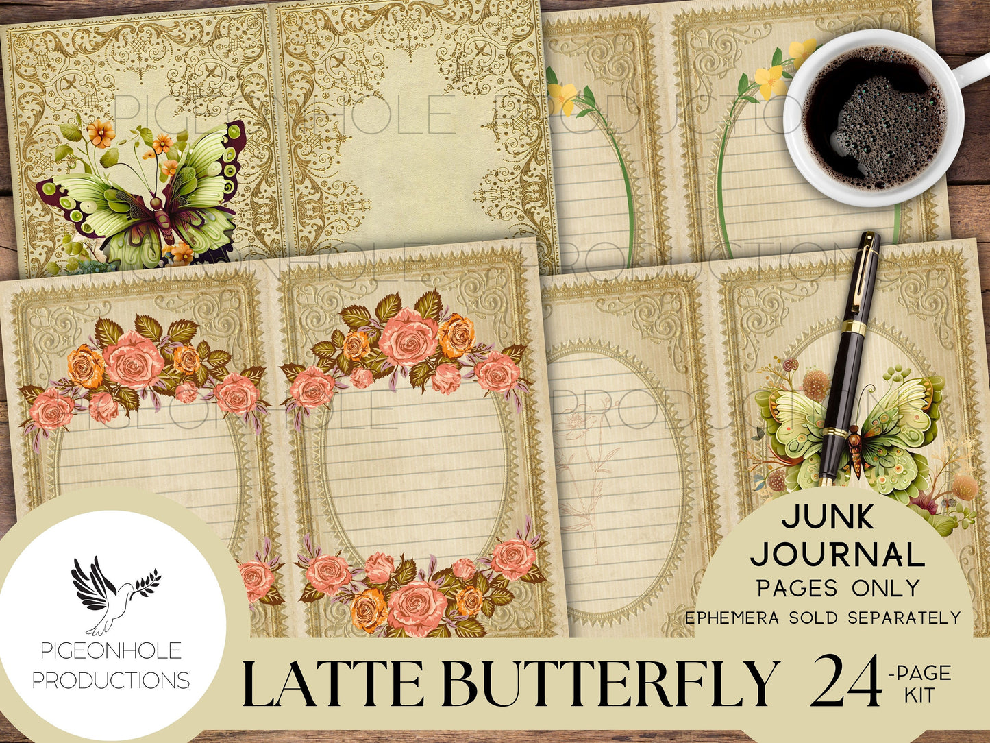 Latte Butterfly Junk Journal Pages Only Kit, PRINTABLE, 24 collage, lined and unlined sheets, gorgeous butterflies and flowers for crafting!