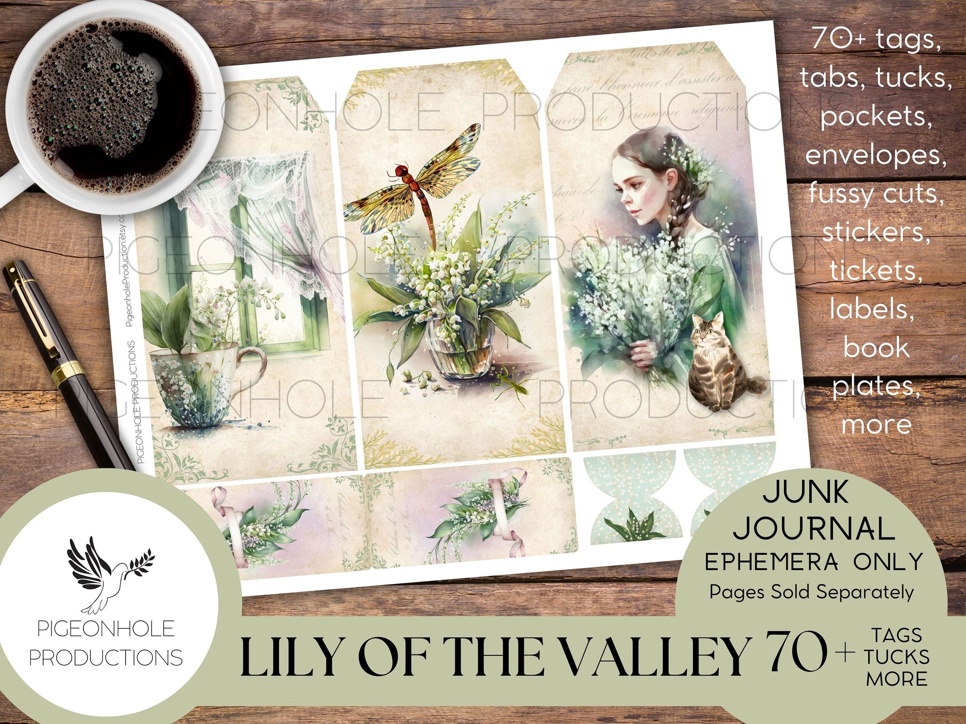 Lily of the Valley Junk Journal EPHEMERA—PRINTABLE—70+ tags, tucks, pockets, envelopes, fussy cuts, stickers, tickets, labels, bookplates