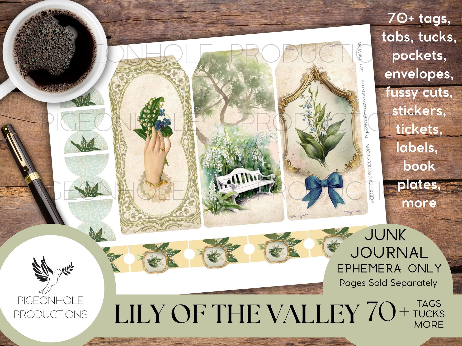 Lily of the Valley Junk Journal EPHEMERA—PRINTABLE—70+ tags, tucks, pockets, envelopes, fussy cuts, stickers, tickets, labels, bookplates