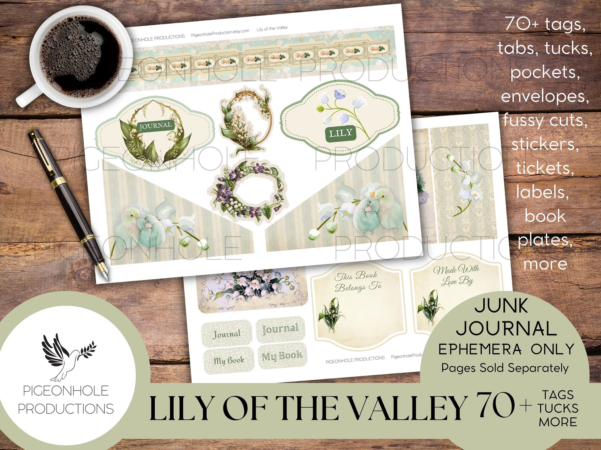 Lily of the Valley Junk Journal EPHEMERA—PRINTABLE—70+ tags, tucks, pockets, envelopes, fussy cuts, stickers, tickets, labels, bookplates