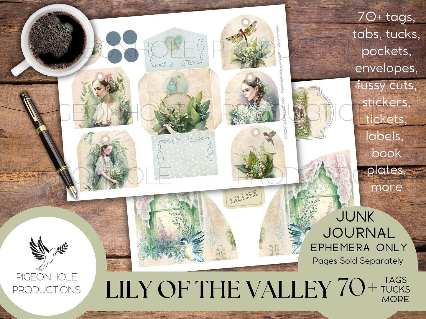 Lily of the Valley Junk Journal EPHEMERA—PRINTABLE—70+ tags, tucks, pockets, envelopes, fussy cuts, stickers, tickets, labels, bookplates