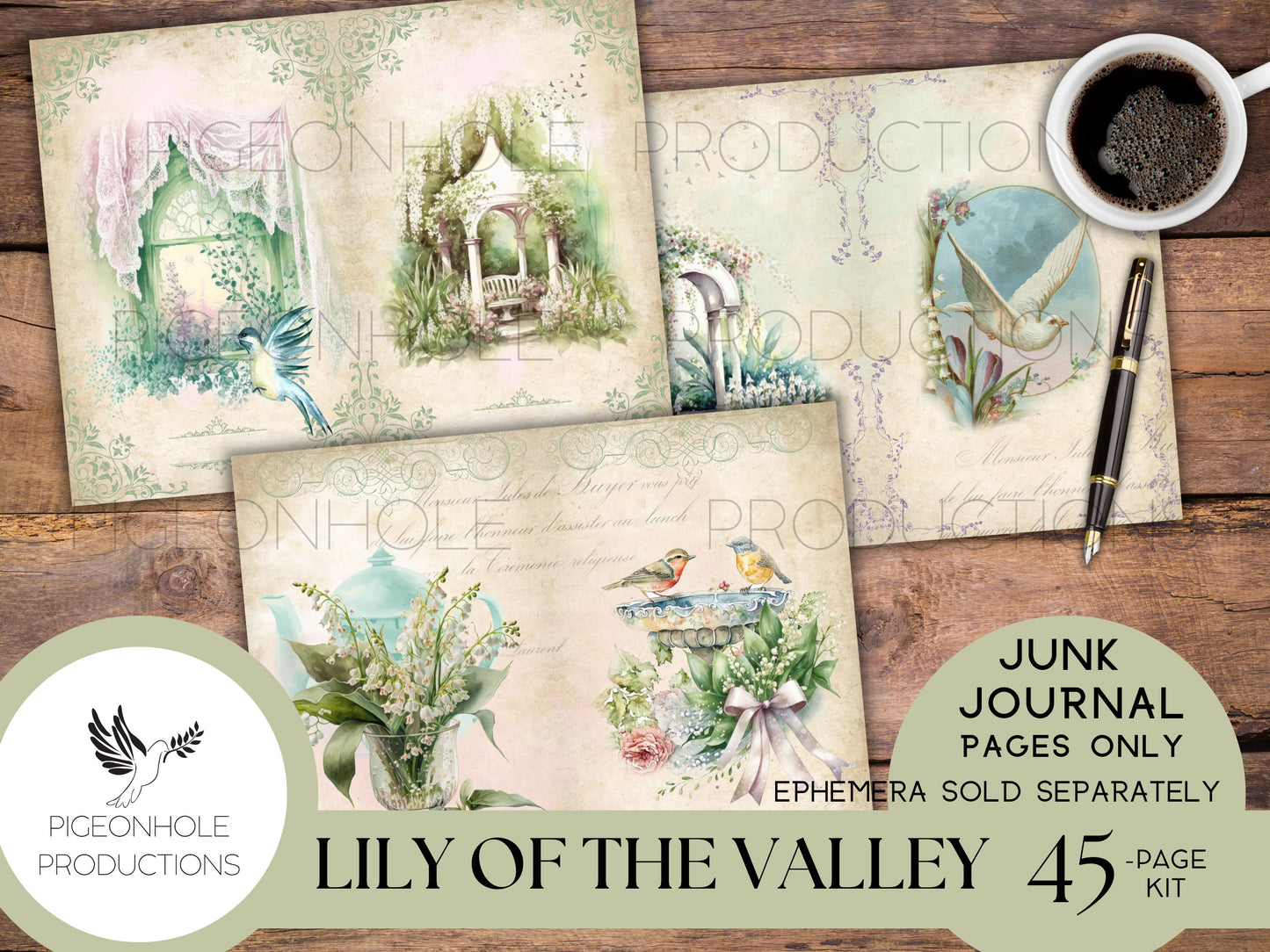 Lily of the Valley Junk Journal Pages, PRINTABLE, 45 lovely floral collage papers, makes 90 journal pages, vintage shabby style, rich images