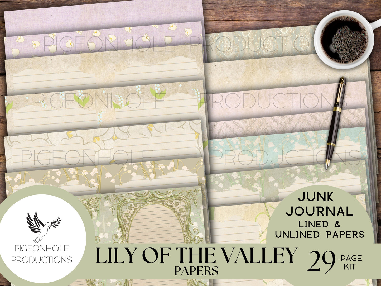 Lily of the Valley Lined & Unlined Papers, PRINTABLE, 29 sheets, pretty pastels for junk journals, scrapbooking, paper crafting, 8.5 x 11