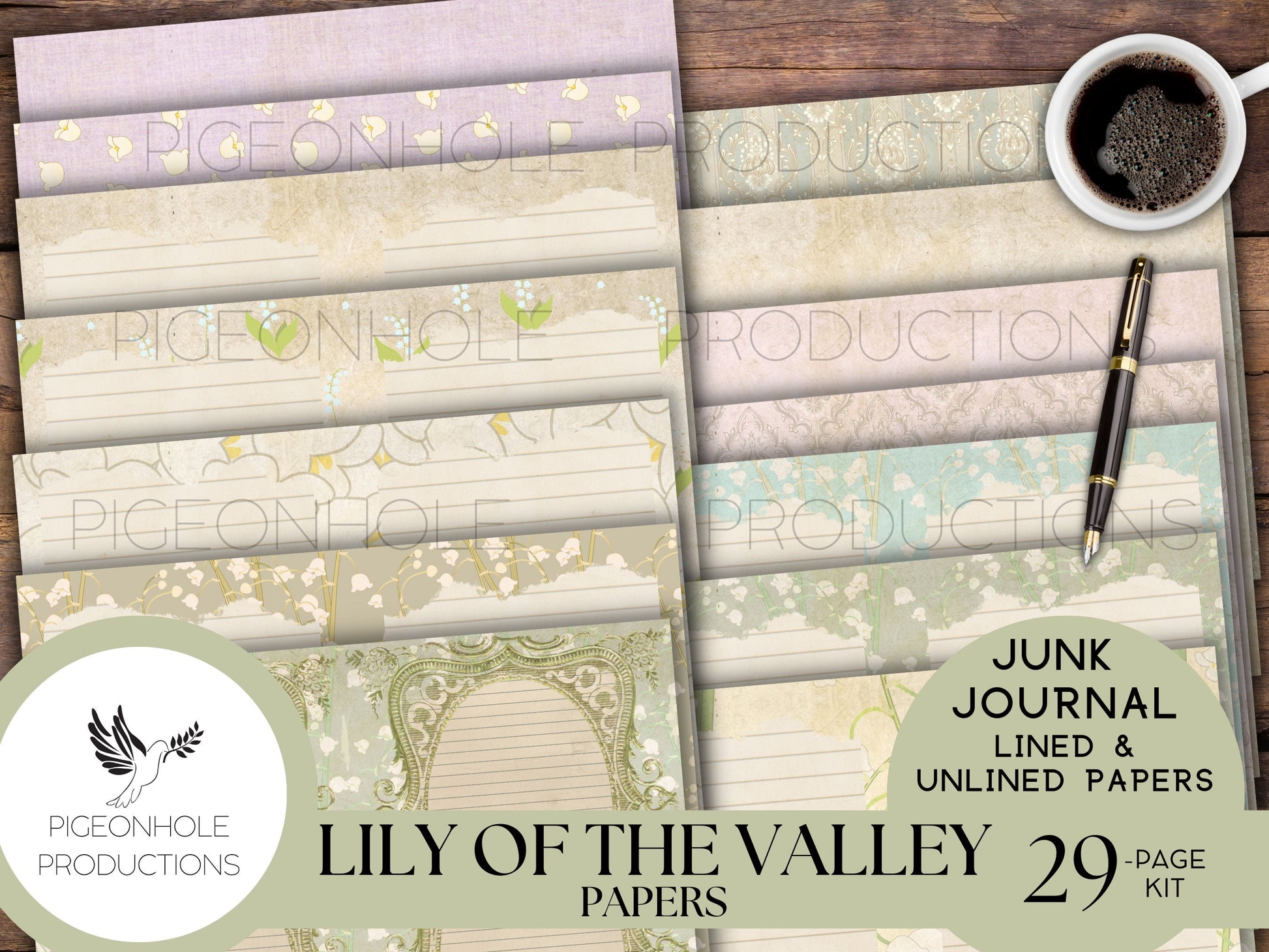 Lily of the Valley Lined & Unlined Papers, PRINTABLE, 29 sheets, pretty pastels for junk journals, scrapbooking, paper crafting, 8.5 x 11