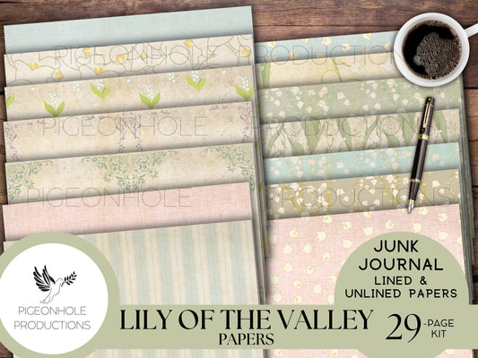 Lily of the Valley Lined & Unlined Papers, PRINTABLE, 29 sheets, pretty pastels for junk journals, scrapbooking, paper crafting, 8.5 x 11