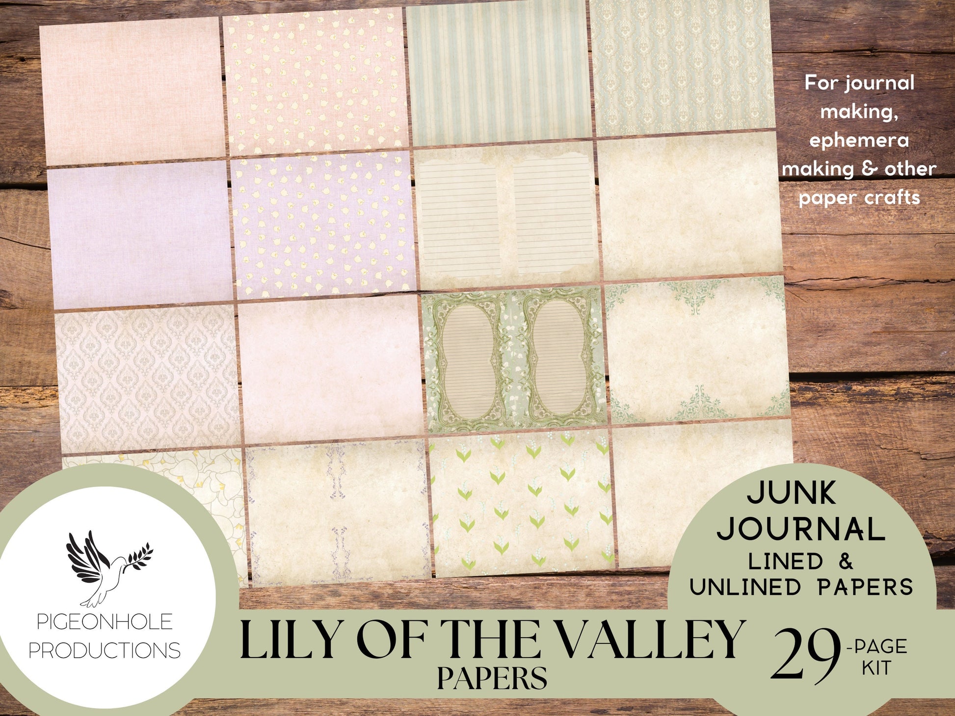 Lily of the Valley Lined & Unlined Papers, PRINTABLE, 29 sheets, pretty pastels for junk journals, scrapbooking, paper crafting, 8.5 x 11