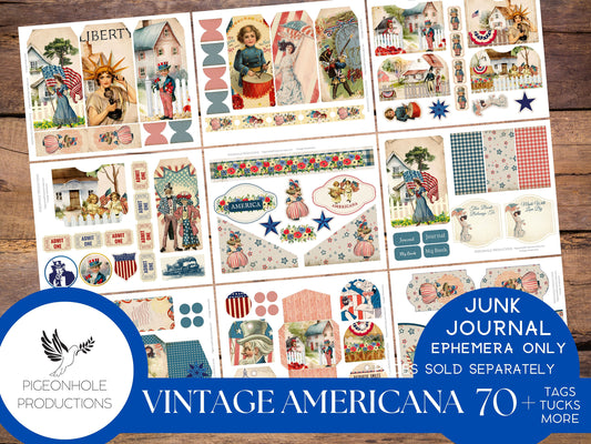 Vintage Americana Junk Journal EPHEMERA, PRINTABLE, 70+ tags, tucks, pockets, envelopes, fussy cuts, stickers, tickets, labels, bookplates