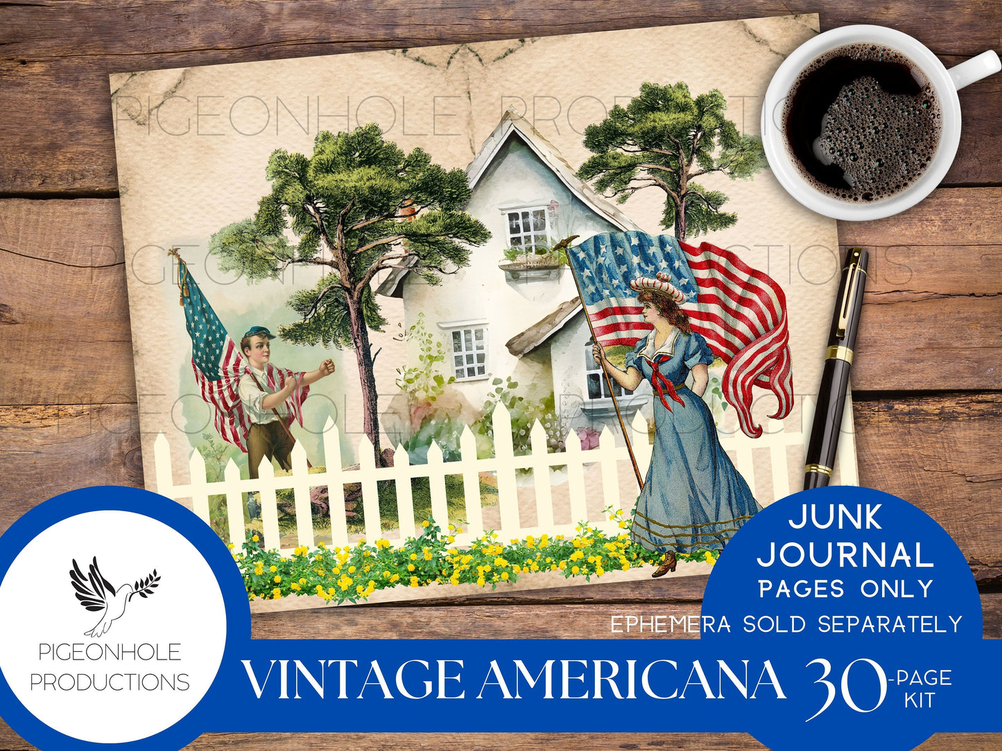 Vintage Americana Junk Journal Pages, PRINTABLE, 30 sheets vintage patriotic images, for journals, scrapbooks, card making & more, have fun!