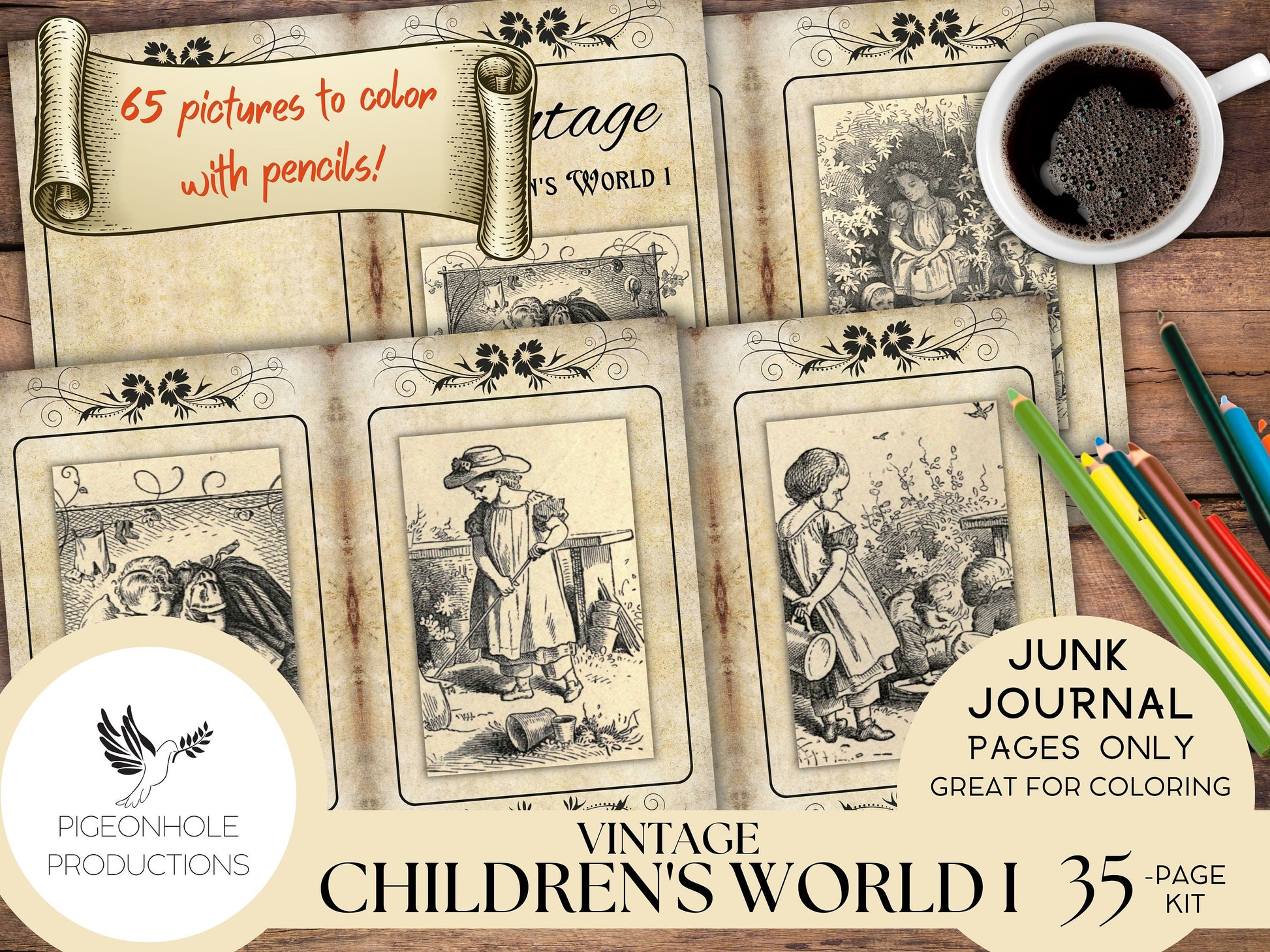 Vintage Children's World Junk Journal Coloring Pages, PRINTABLE, sweet old images of children. Great for coloring and journaling!