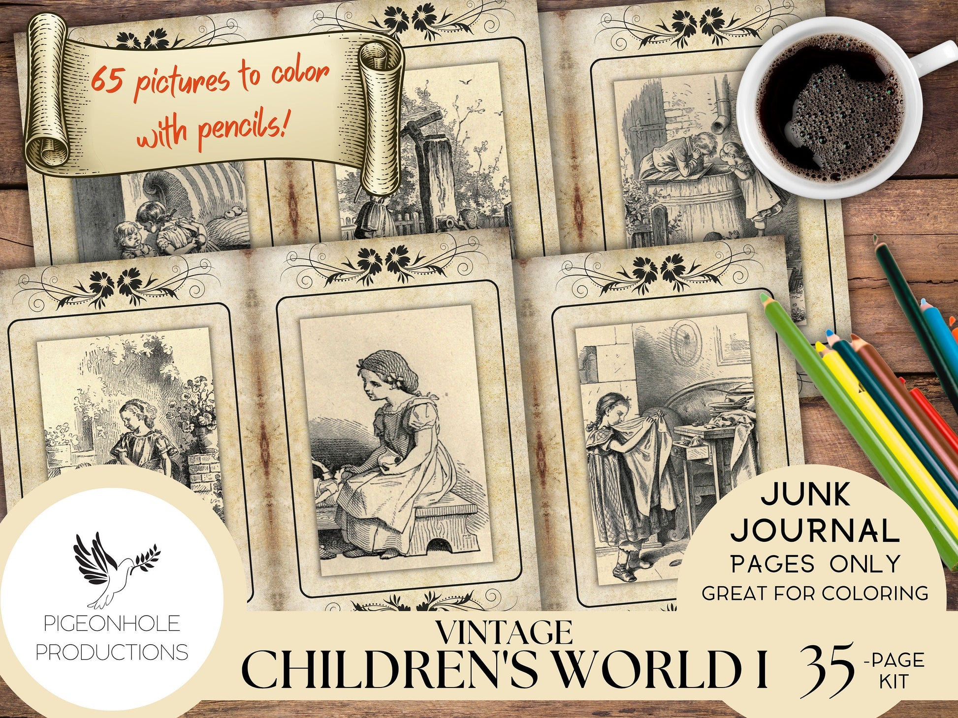 Vintage Children's World Junk Journal Coloring Pages, PRINTABLE, sweet old images of children. Great for coloring and journaling!