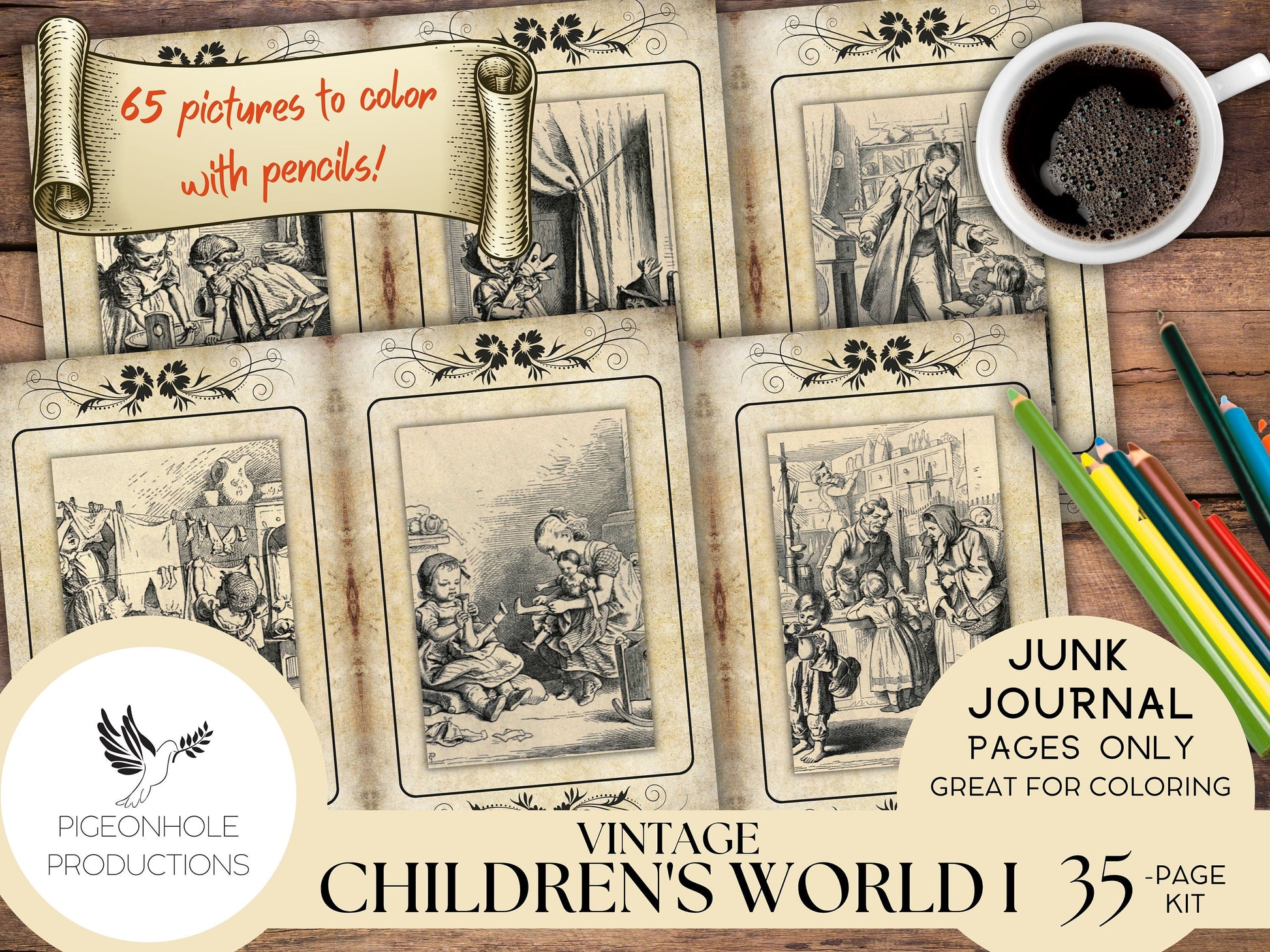 Vintage Children's World Junk Journal Coloring Pages, PRINTABLE, sweet old images of children. Great for coloring and journaling!