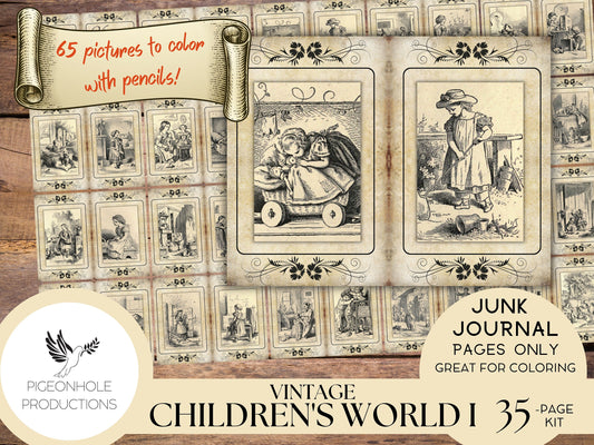 Vintage Children's World Junk Journal Coloring Pages, PRINTABLE, sweet old images of children. Great for coloring and journaling!