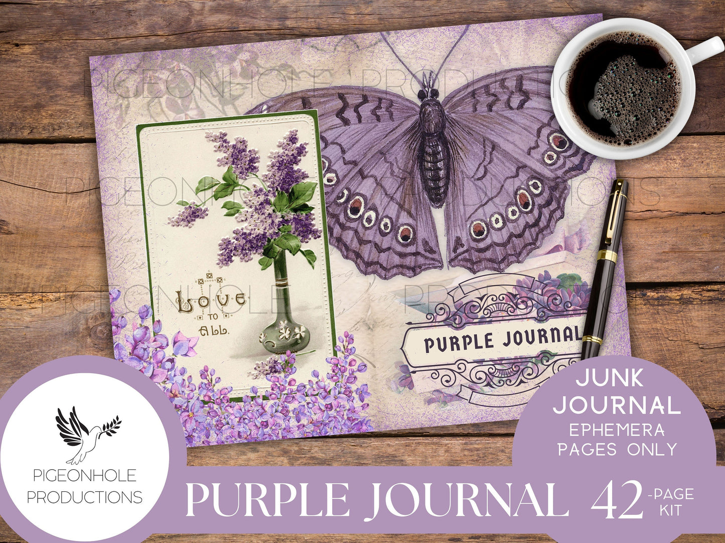 Purple Junk Journal Pages, PRINTABLE, 42 decorative, background, backing and lined journal sheets in lavender, lilac, purple & violet SHABBY