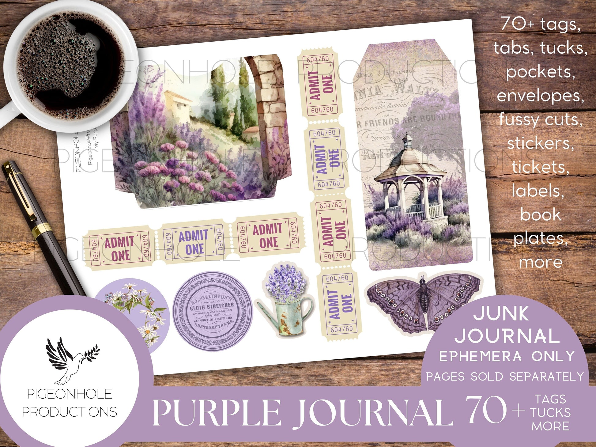 Purple Junk Journal EPHEMERA, PRINTABLE, 70+ tags, tucks, pockets, envelopes, fussy cuts, stickers, tickets, labels, bookplates, SHABBY