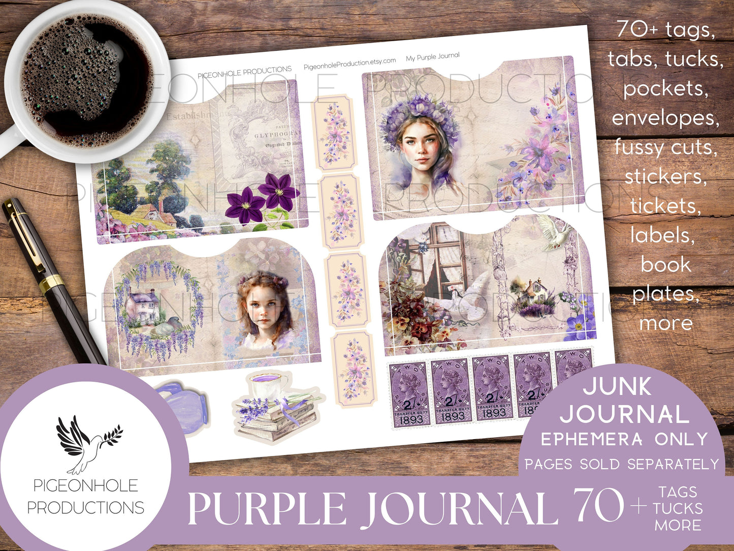 Purple Junk Journal EPHEMERA, PRINTABLE, 70+ tags, tucks, pockets, envelopes, fussy cuts, stickers, tickets, labels, bookplates, SHABBY